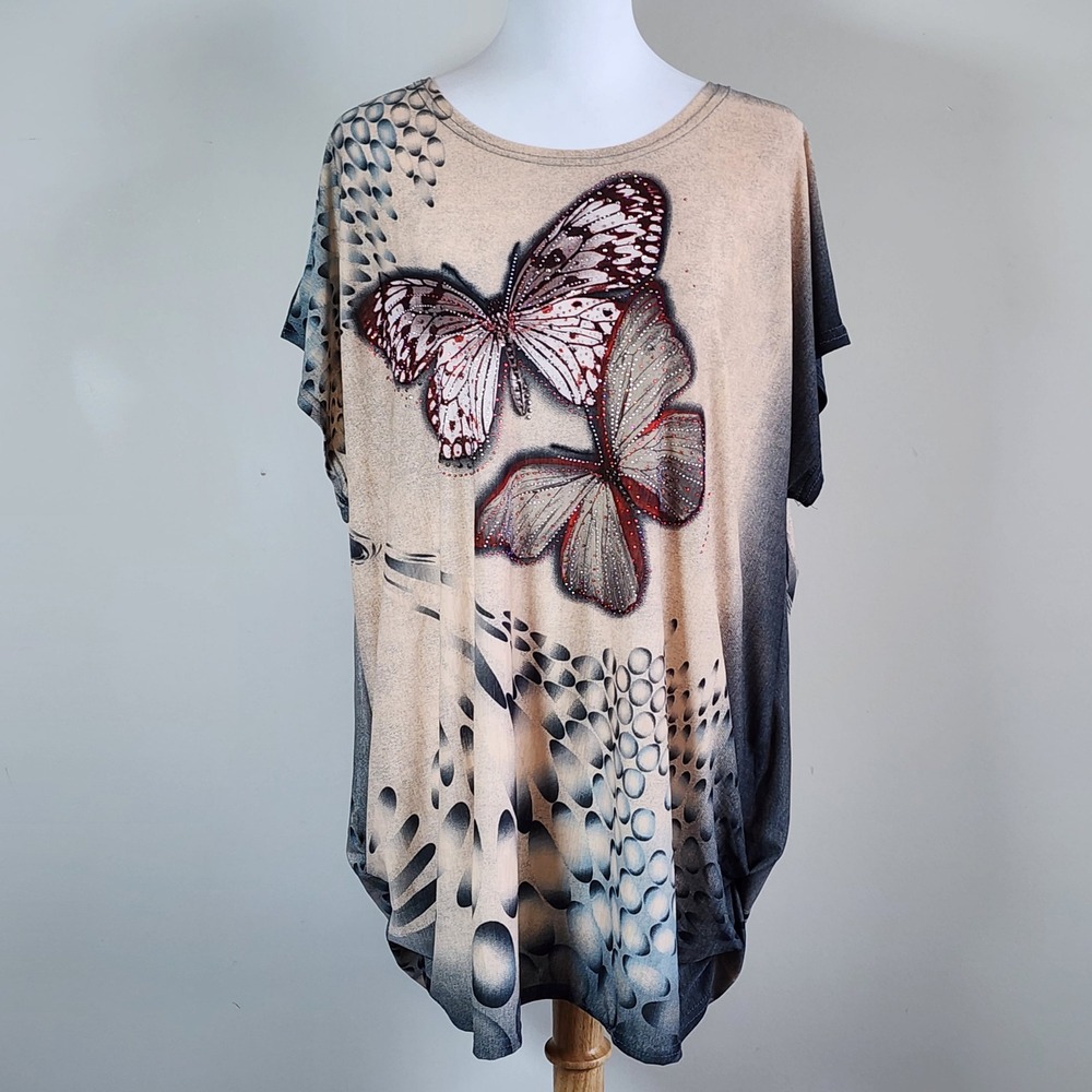 Model France Butterfly Graphic Tunic Womens XL Rhinestone Dolman Sleeve Top